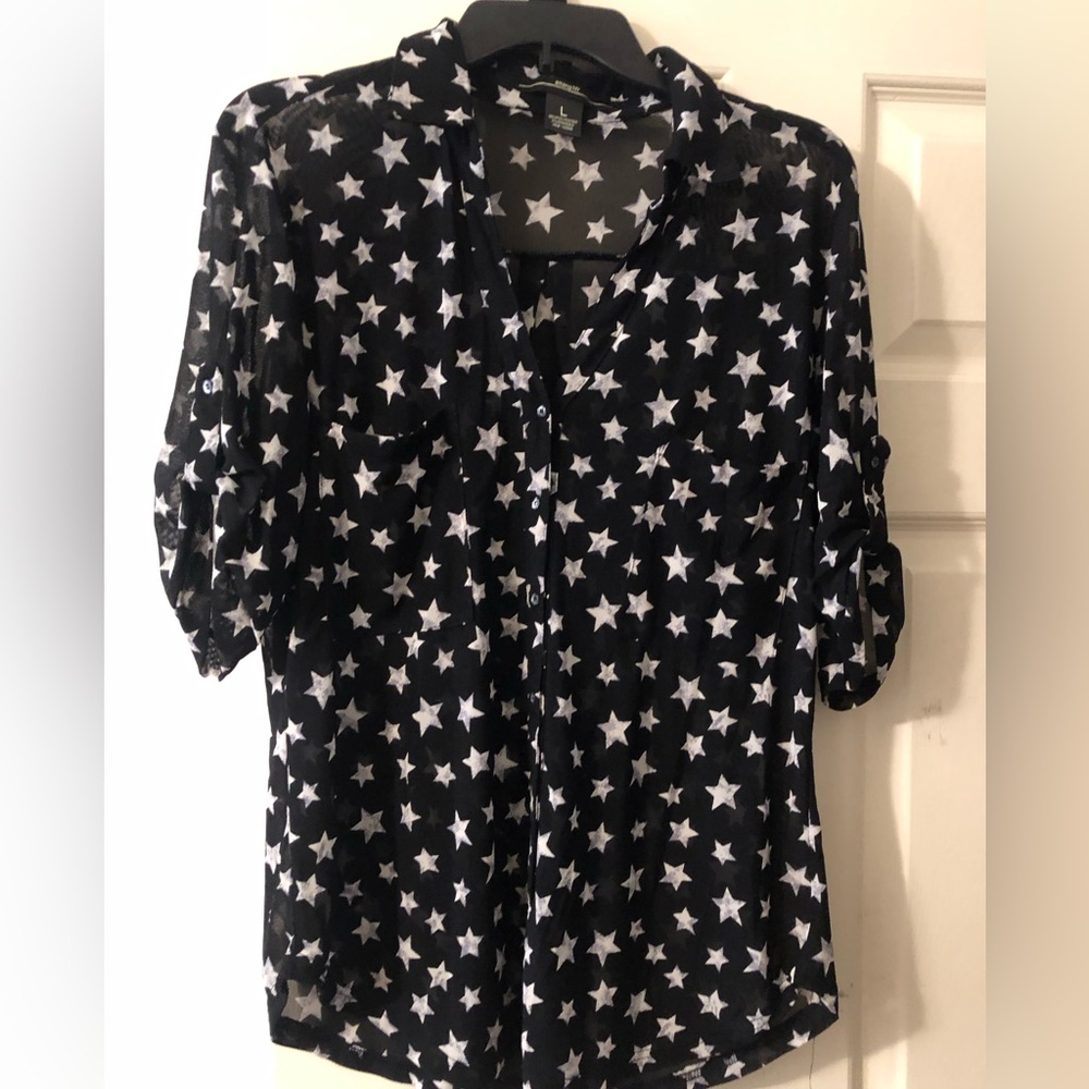 Black Star Print Women’s Blouse - Lightweight Button Front